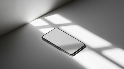 Wall Mural - Blank mockup template of a slim smartphone on a plain white surface, surrounded by minimalist lighting and shadows.