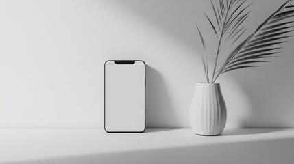 Wall Mural - Blank mockup template of a smartphone on a smooth white table, with minimal shadows and a neutral background.
