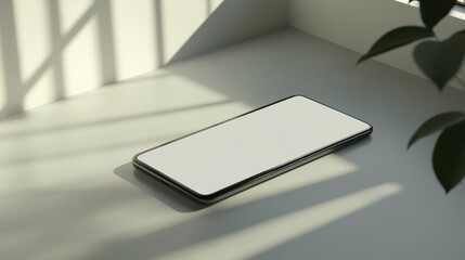 Wall Mural - Blank mockup template of a sleek smartphone on a pale gray surface, surrounded by minimal shadows and clean reflections.