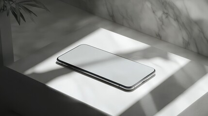 Wall Mural - Blank mockup template of a sleek smartphone on a pale gray surface, surrounded by minimal shadows and clean reflections.