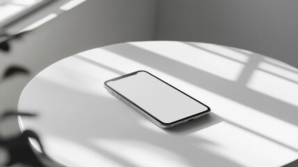 Wall Mural - Blank mockup template of a smartphone on a smooth white table, with minimal shadows and a neutral background.