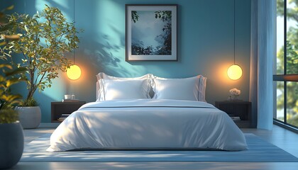 Aufkleber - Modern bedroom interior with cozy atmosphere, blue walls, elegant decor, natural light filtering through large windows, and relaxing greenery for serene living spaces