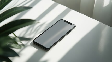 Wall Mural - Blank mockup template of a modern smartphone on a smooth white surface, surrounded by soft natural lighting.