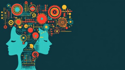 Poster - abstract illustration of two human profiles with gears and circuits symbolizing technology and creat