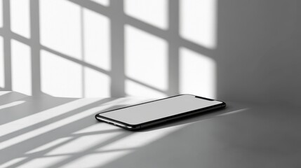 Wall Mural - Blank mockup template of a sleek smartphone on a light gray surface, with subtle shadows and a minimalistic atmosphere.