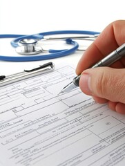 Poster - Hand filling out a medical form at a healthcare facility with a stethoscope in the background during daytime. Generative AI