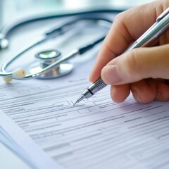 Poster - Hand completing a medical form in a doctors office with a stethoscope nearby. Generative AI