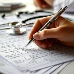 Poster - Patient completing a detailed medical form with a pen and stethoscope nearby in a healthcare setting. Generative AI