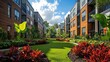 © Rizqiana - Lush courtyard garden between modern apartment buildings on sunny day.