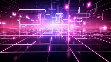 Poster - Abstract futuristic, animated background with pink neon lights. IT, cyberspace, computer data transfer. Perfect for technology and cyber concepts. Virtual reality, artificial intelligence.