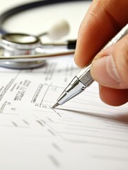 Poster - Hand filling out a medical form during a routine health check at a clinic. Generative AI