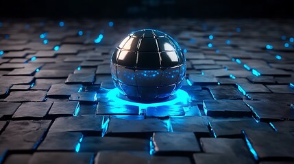 Poster - Futuristic Clean Liquid Sphere on White Surface with Blue Light Glow