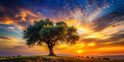 Wall Mural - Majestic Olive Tree Silhouetted Against a Vibrant Sunset