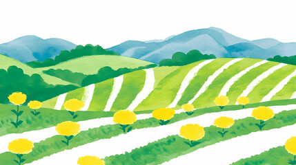 Sticker - Spring hillside farm, yellow flowers, mountain view, idyllic scene