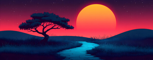 Sticker - Sunset Savanna River, Tree, Starry Night