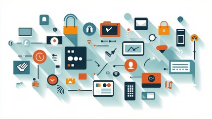 Poster - Abstract illustration of technology icons and symbols representing connectivity and data