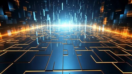 Poster - Abstract futuristic, animated background with blue and orange neon lights. IT, cyberspace, computer data transfer. Perfect for technology and cyber concepts. Virtual reality, artificial intelligence.