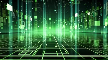 Poster - Abstract futuristic, animated background with green neon lights. IT, cyberspace, computer data transfer. Perfect for technology and cyber concepts. Virtual reality, artificial intelligence.