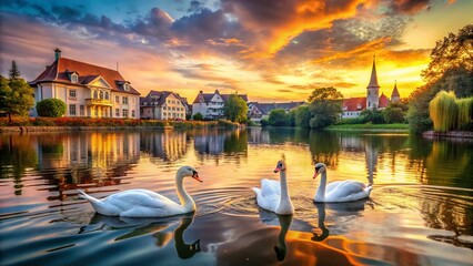 Wall Mural - Majestic Swans and Ducks on Serene Lake at Golden Hour - Architectural Lakeside Scene