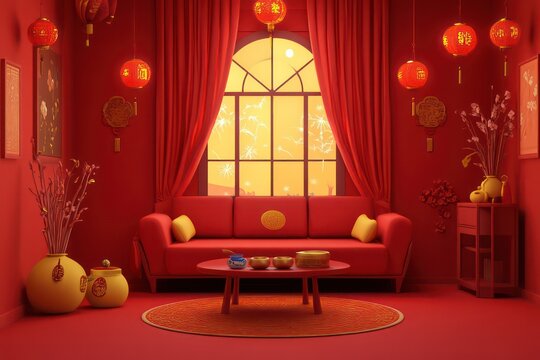 3D rendering of a cartoon-style Chinese interior scene with red walls and curtains