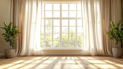 Wall Mural - Empty living room with a wooden floor and a white and bright window with a light beige curtain and sunlight reflection