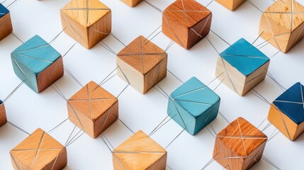 Poster - Colorful geometric wooden blocks arranged in a pattern on a white background, showcasing craftsmanship