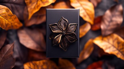 Canvas Print - Dark box with bronze flower on autumn leaves.