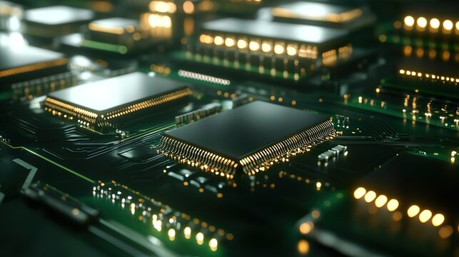 A close-up view of a circuit board with gold accents, highlighting intricate details of the electronic components, representing technology and innovation.