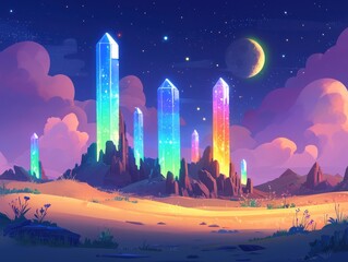 Canvas Print - A celestial desert glowing softly under twin moons, where radiant dunes ripple gently under an aurora-filled sky. Towering crystalline obelisks rise from the landscape, casting rainbow reflections 