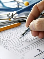 Poster - Hand completing a medical form with pen and healthcare tools in the background during an office visit. Generative AI