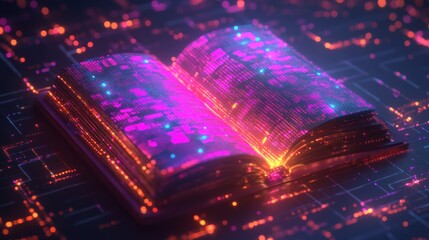 Poster - Open Book with Glowing Digital Particles in Futuristic Background