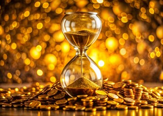 Wall Mural - Miniature Glass Hourglass with Gold Coins Flowing, Piled Coins Around - Tilt-Shift Photography