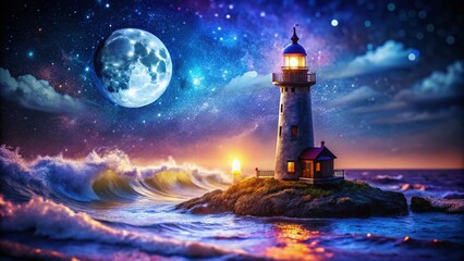 Wall Mural - Miniature Lighthouse Night Double Exposure Fantasy Seascape Stock Photo