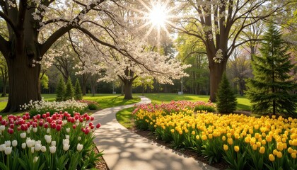 A sunlit park features blooming cherry blossom trees and vibrant tulip beds in red, white, and yellow, creating a picturesque spring scene