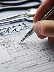 Aufkleber - Hand completing a medical form with a stethoscope and tools in a healthcare environment. Generative AI