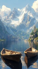 Wall Mural - Scenic lake with wooden boats under majestic mountains in bright sunlight