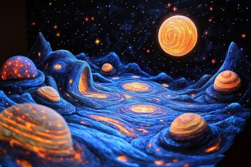 Wall Mural - a captivating neon blacklight sgraffito illustration of the solar system vibrant planets and swirlin