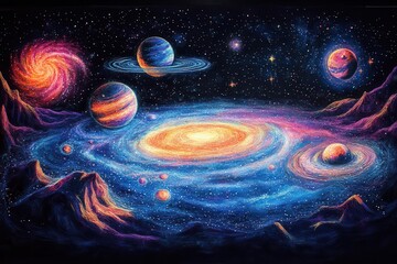Wall Mural - a captivating neon blacklight sgraffito illustration of the solar system vibrant planets and swirlin
