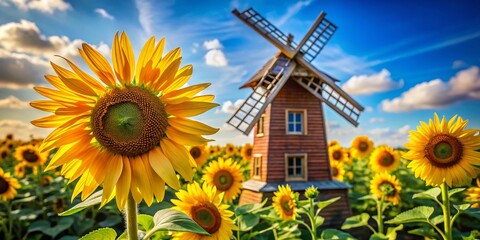 Wall Mural - Miniature Windmill & Sunflowers: Vibrant Summer Landscape