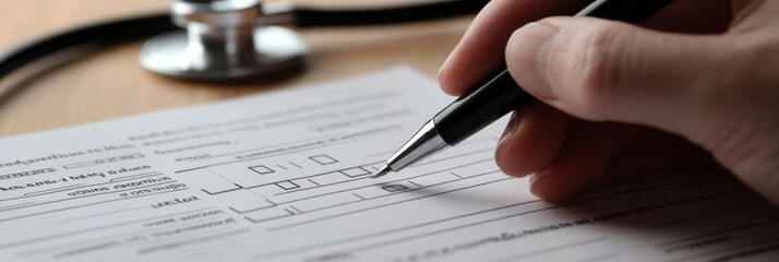 Poster - Hand filling out a medical form at a healthcare facility during an appointment for evaluation and treatment services. Generative AI