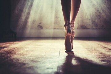 Poster - Ballet dancer gracefully balances on toes in a sunlit studio with wooden floors. Generative AI