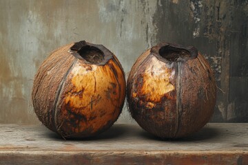 Two decorative coconut shells displayed on a wooden table in a calm indoor setting