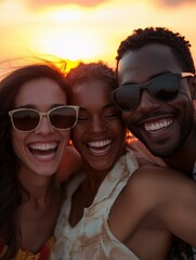 Poster - Group of friends smiling and enjoying a sunset at the beach during summer. Generative AI
