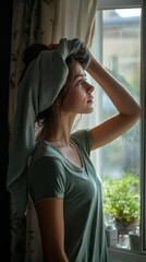 Wall Mural - Woman standing by the window with a towel on her head in a cozy indoor setting