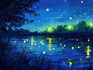 Wall Mural - a celestial river of liquid crystal winding through a glowing forest. bioluminescent plants line the