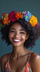 Wall Mural - Smiling woman with flower crown in colorful dress during sunny day at outdoor location