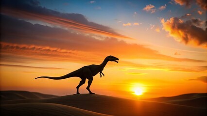 Wall Mural - Minimalist Dinosaur Silhouette Against Sunset, Desert Landscape