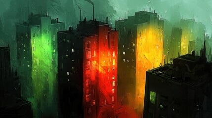 Wall Mural - A cyberpunk residential district where towering apartment complexes glow with vibrant neon outlines. Holographic projections display virtual gardens and sky vistas, creating a serene contrast 