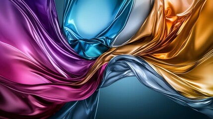 Poster - Dynamic chromelike color transitions in silk fabric studio setting abstract artwork vivid vibes close-up view