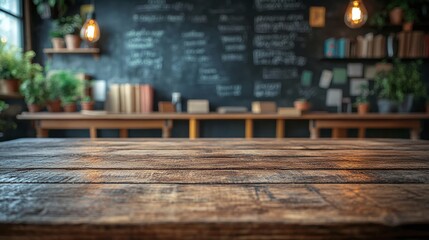 Poster - Inviting wooden tabletop situated in a classic school classroom paired with a blackboard background This empty countertop serves as a mockup for showcasing educational products and creative designs